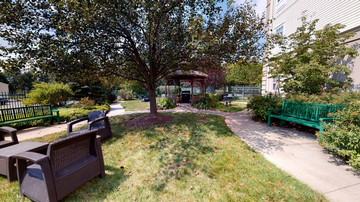 A peaceful garden with a gazebo and benches surrounded by lush greenery.