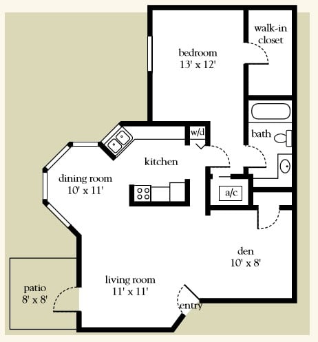 One-bedroom apartment floor plan with designated living spaces and a patio.