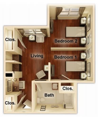 A floor plan of a 2-bedroom apartment featuring a living area, bathroom, and multiple closets.