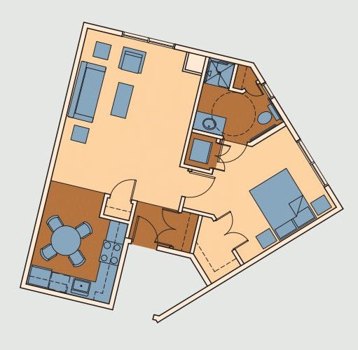 A floor plan of an apartment with distinct living, dining, and bedroom areas.