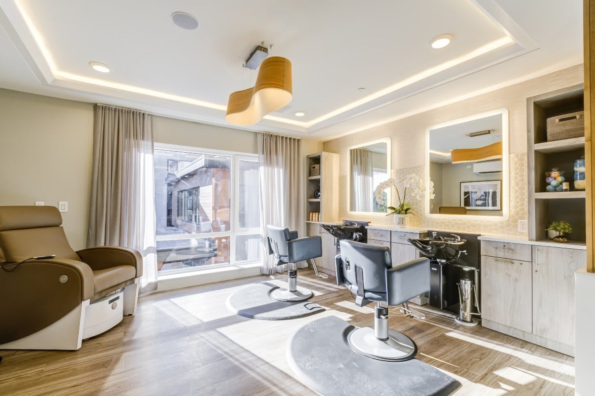 A modern and luxurious hair salon with stylish chairs and large mirrors, illuminated by natural light.