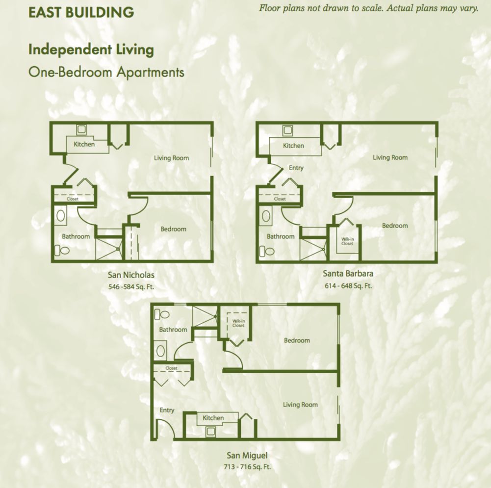 East Building one-bedroom independent living apartment layouts.