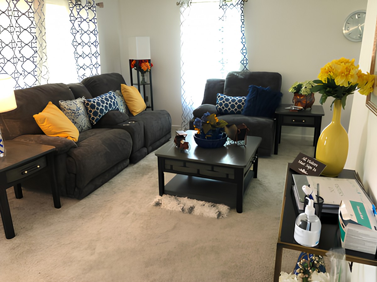 A cozy living room with dark sofas, colorful cushions, and a central coffee table.
