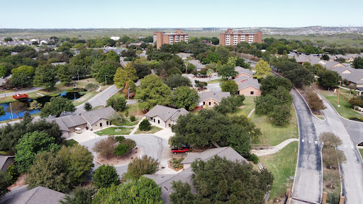 Aerial view of a suburban neighborhood featuring winding roads, residential houses, and abundant greenery.