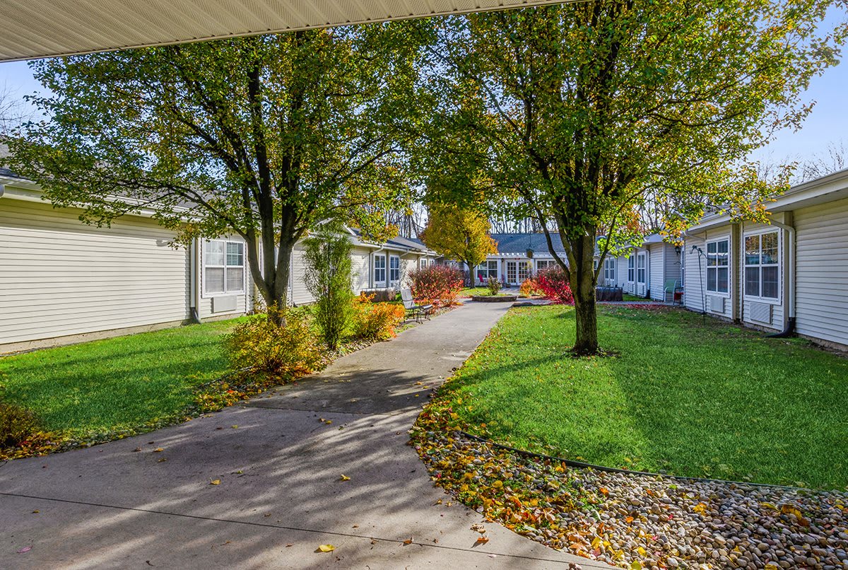 A scenic view of a pathway lined with trees and houses, showcasing fall foliage.