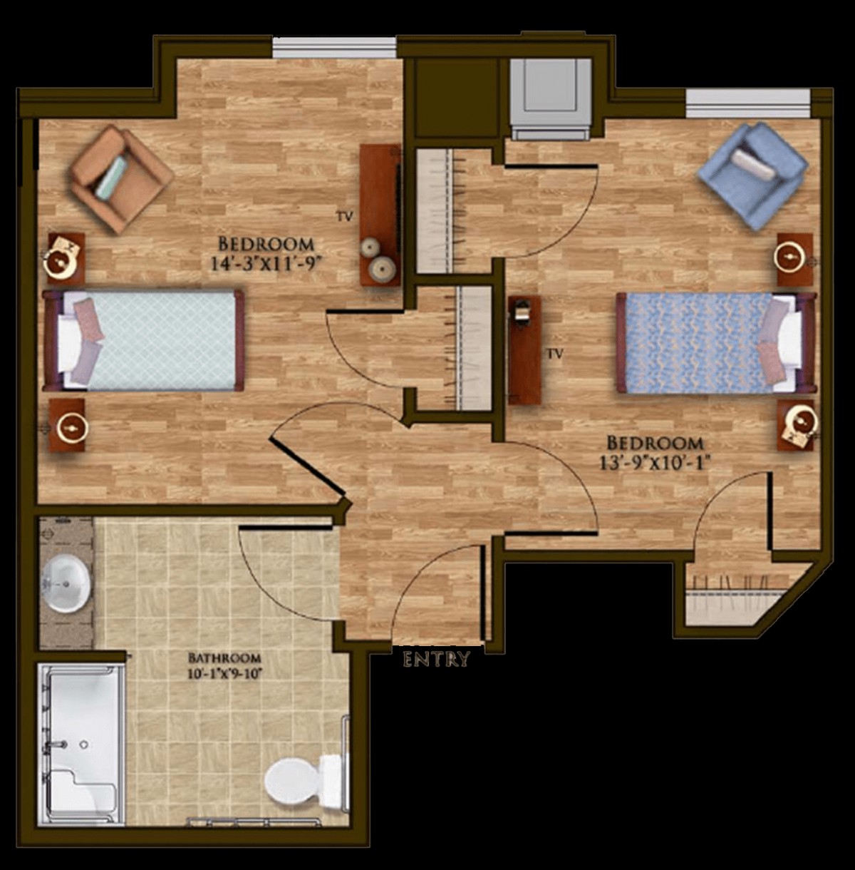 A floor plan of a two-bedroom apartment with marked areas for living spaces and bathroom.