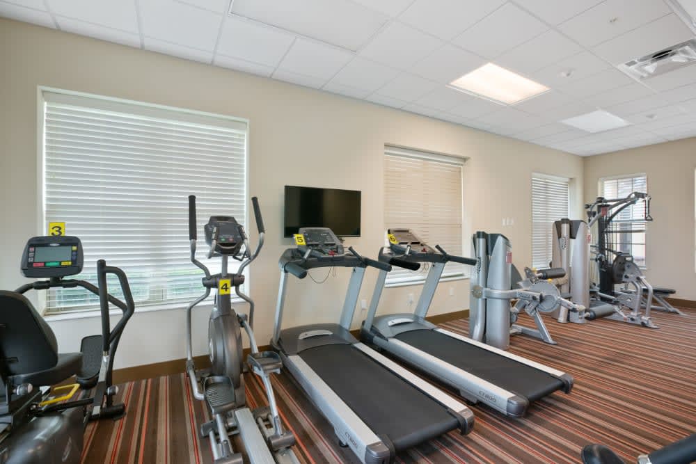 A modern gym with treadmills and an elliptical machine.