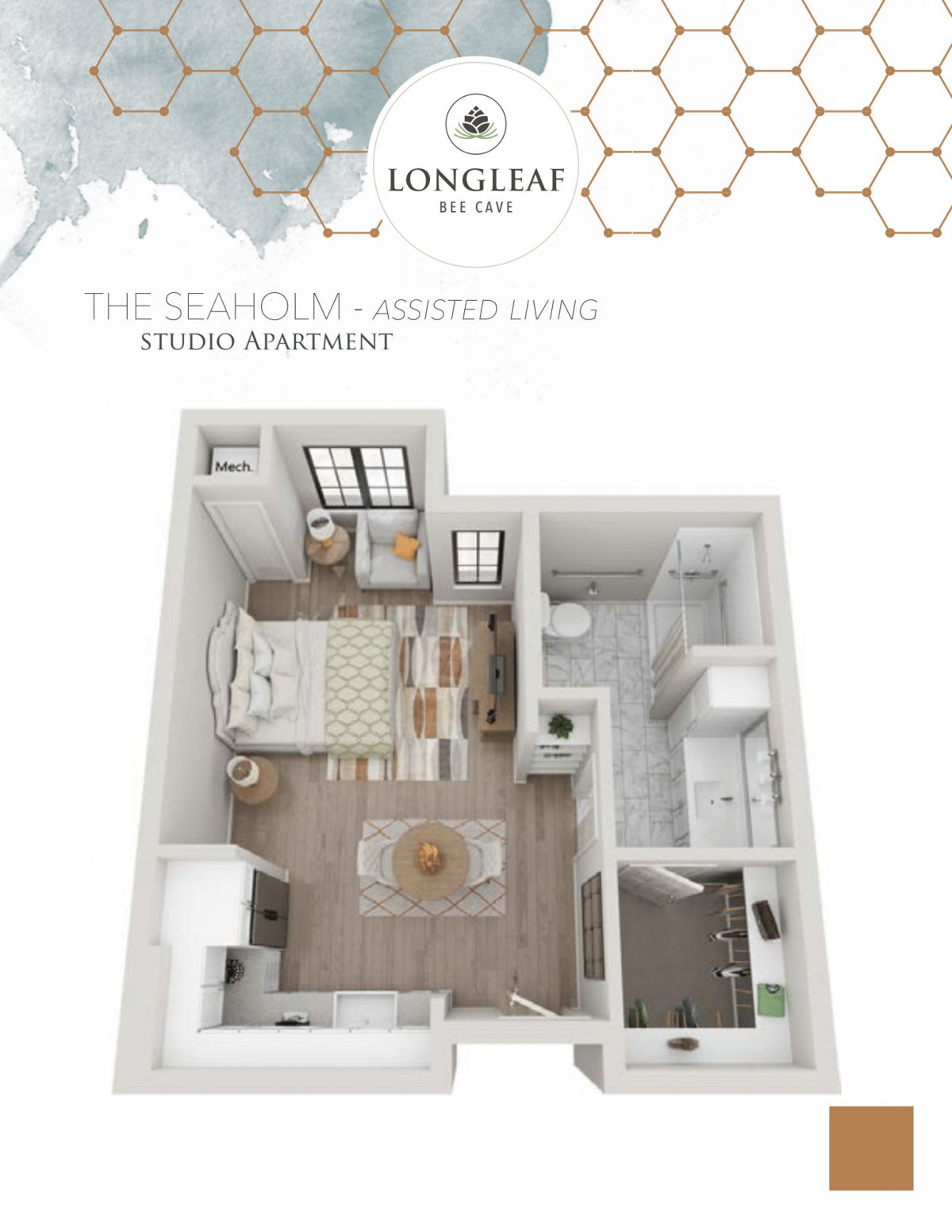 3D rendering of a modern studio apartment floor plan with stylish interior design.