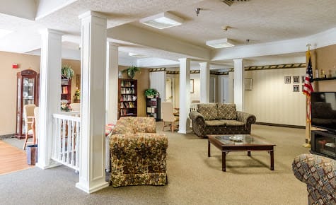 A spacious lobby with comfortable seating and elegant decor.