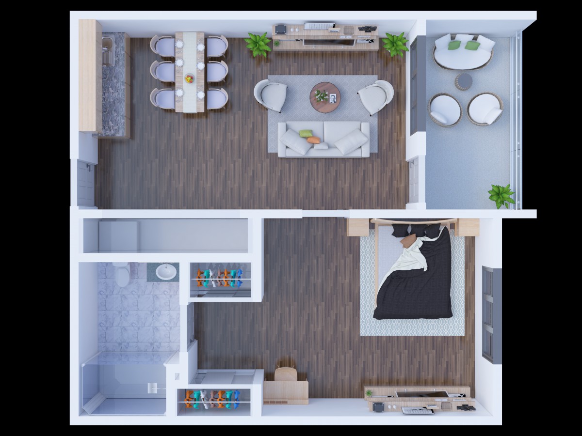 A modern apartment floor plan featuring a living room, dining area, and bedroom with contemporary furniture.