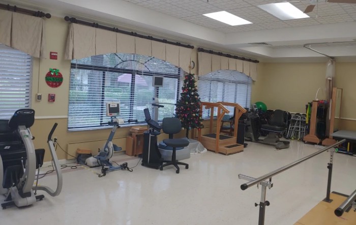A physical therapy room equipped with exercise machines and a decorated Christmas tree.