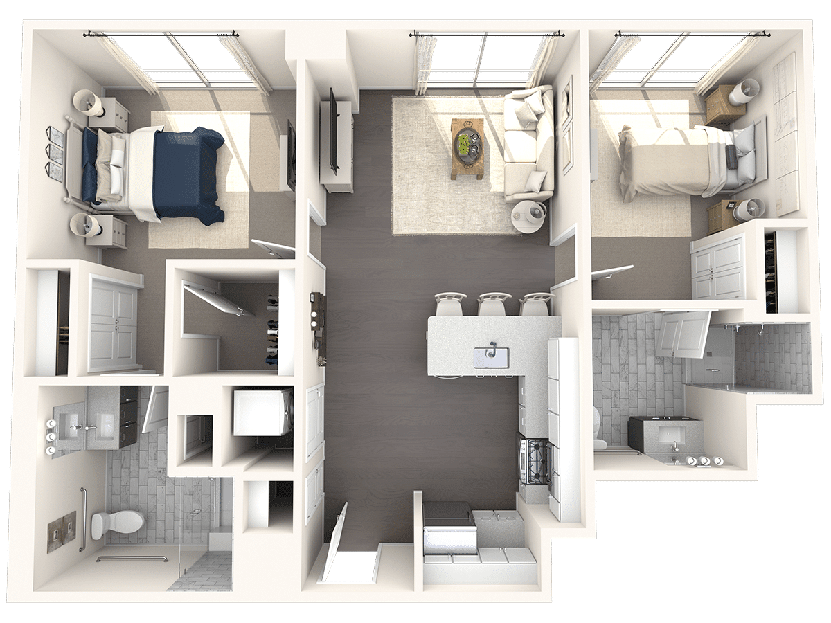 A 3D rendered floor plan of a modern apartment featuring two bedrooms, a kitchen, and living area.