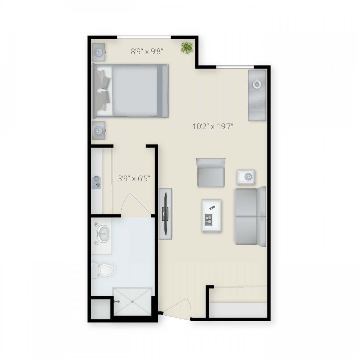 A floor plan of a one-bedroom apartment featuring an open kitchen and living area.