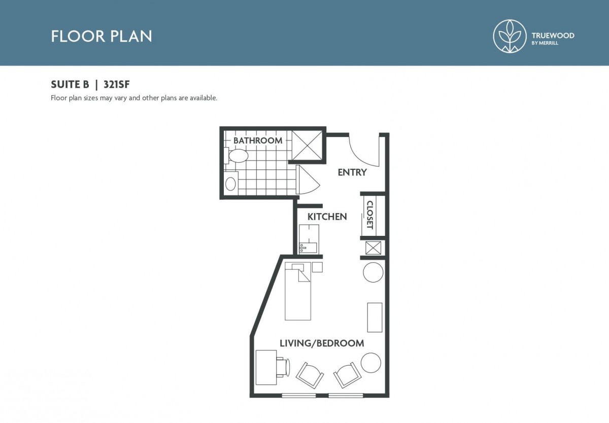 Floor plan of a studio apartment with designated living and bedroom area, kitchen, and bathroom.