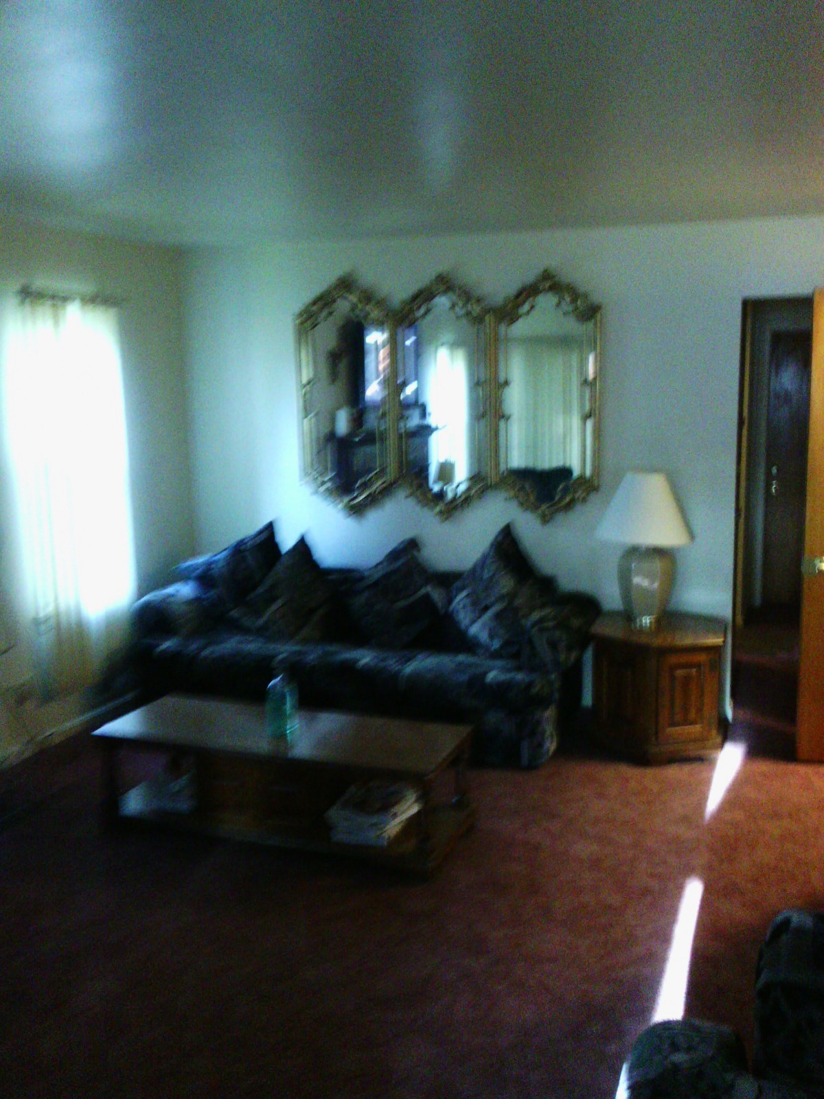 A cozy living room featuring a dark sofa, wall mirrors, a wooden table, and a lamp.