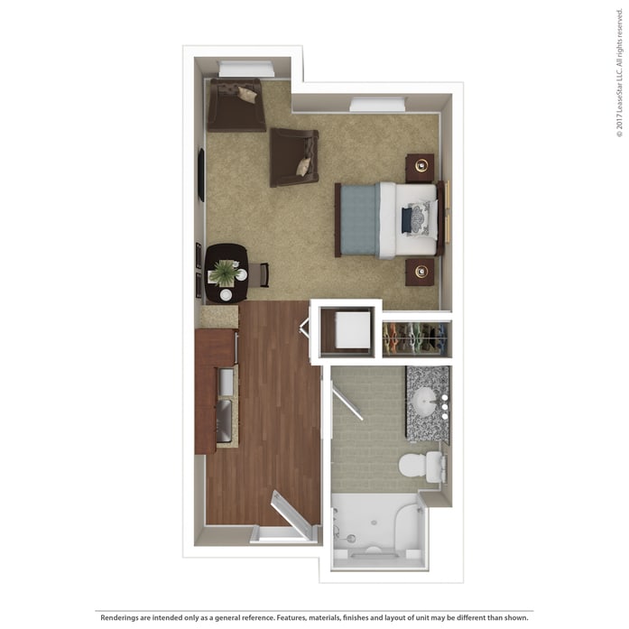 A detailed floor plan of a one-bedroom apartment, showing the layout and arrangement of furniture.