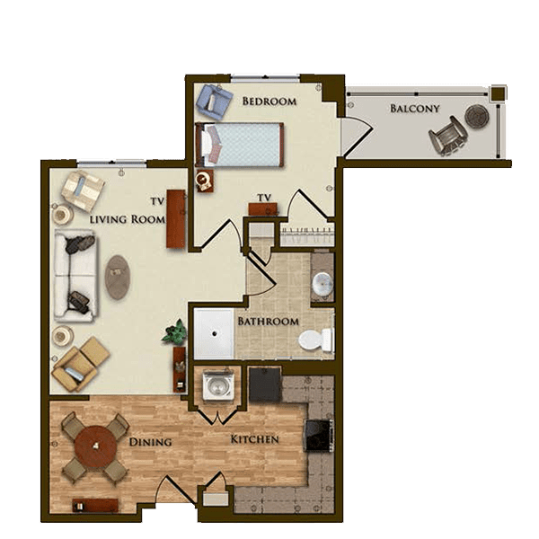 A floor plan of a one-bedroom apartment featuring a living room, kitchen, bathroom, and balcony.