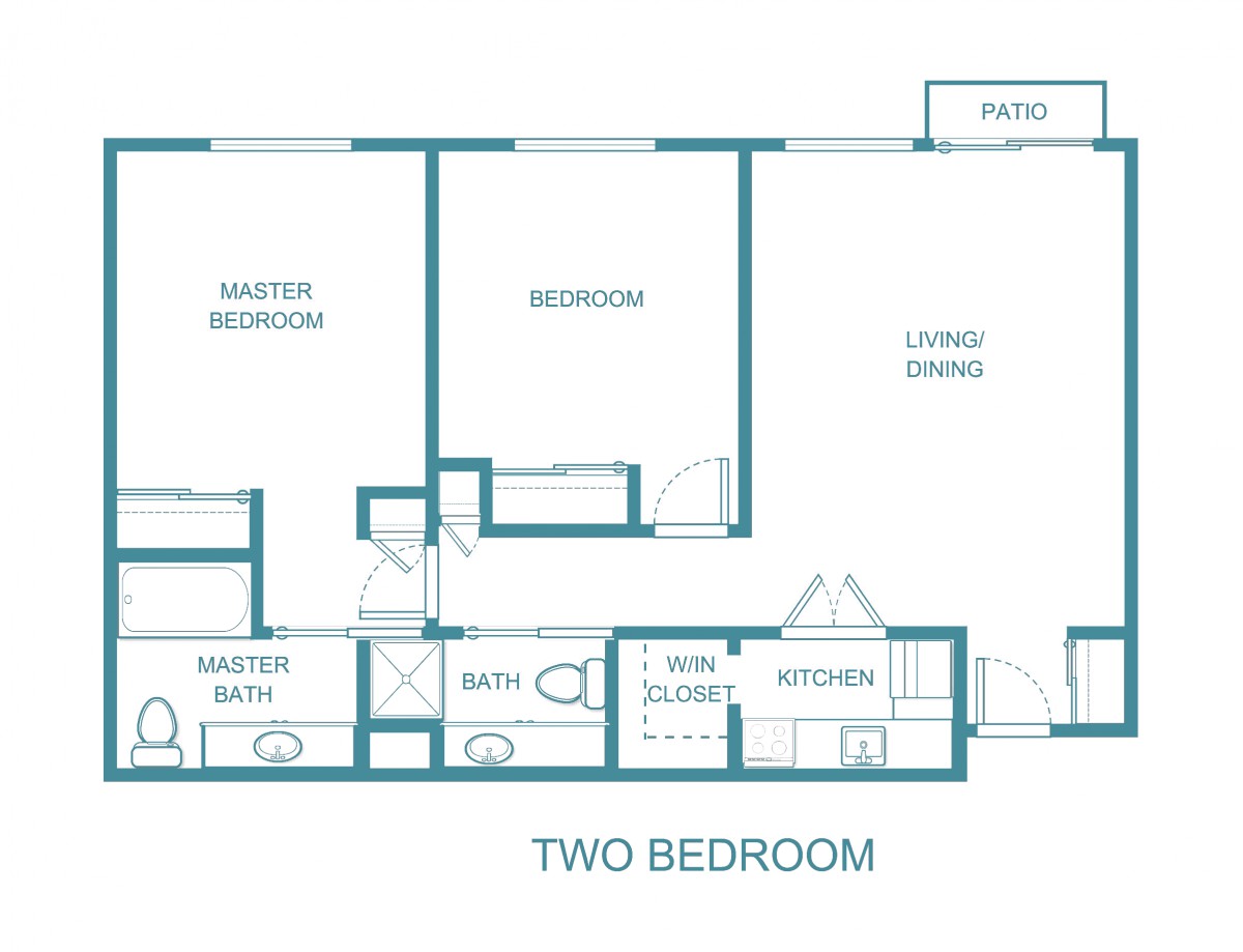 A floor plan of a two-bedroom apartment including living and dining areas, kitchen, bathrooms, and patio.