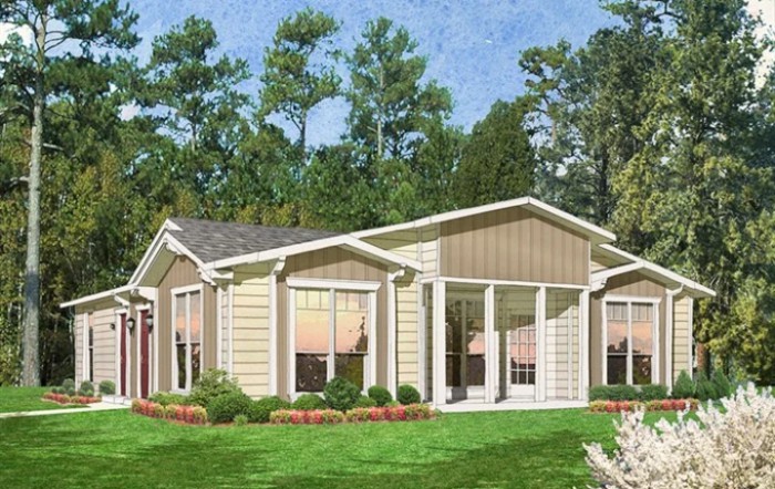 A modern single-story house with large windows and surrounded by a lush garden.