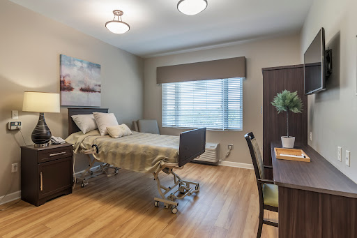 A well-lit hospital room featuring a patient bed, modern furnishings, and calming decor.
