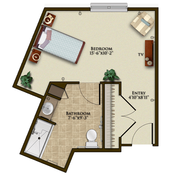 A compact floor plan featuring a bedroom, bathroom, and entry area.