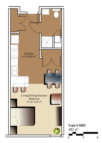 Floor plan showing a kitchen, living/dining area, and bedroom layout.
