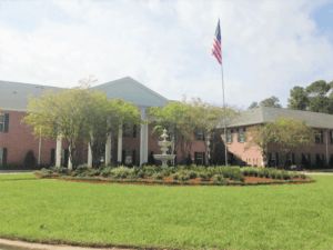 A building with a flagpole on a well-maintained lawn surrounded by trees.