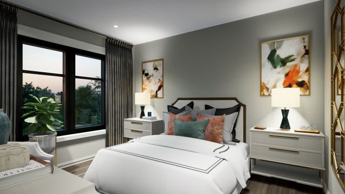 A modern bedroom with elegant decor and cozy ambiance.