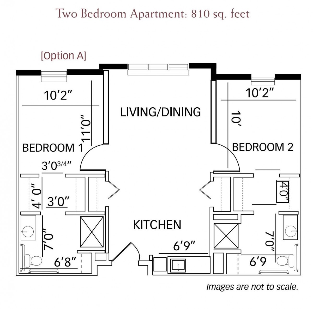 Floor plan of a two-bedroom apartment covering 810 square feet.