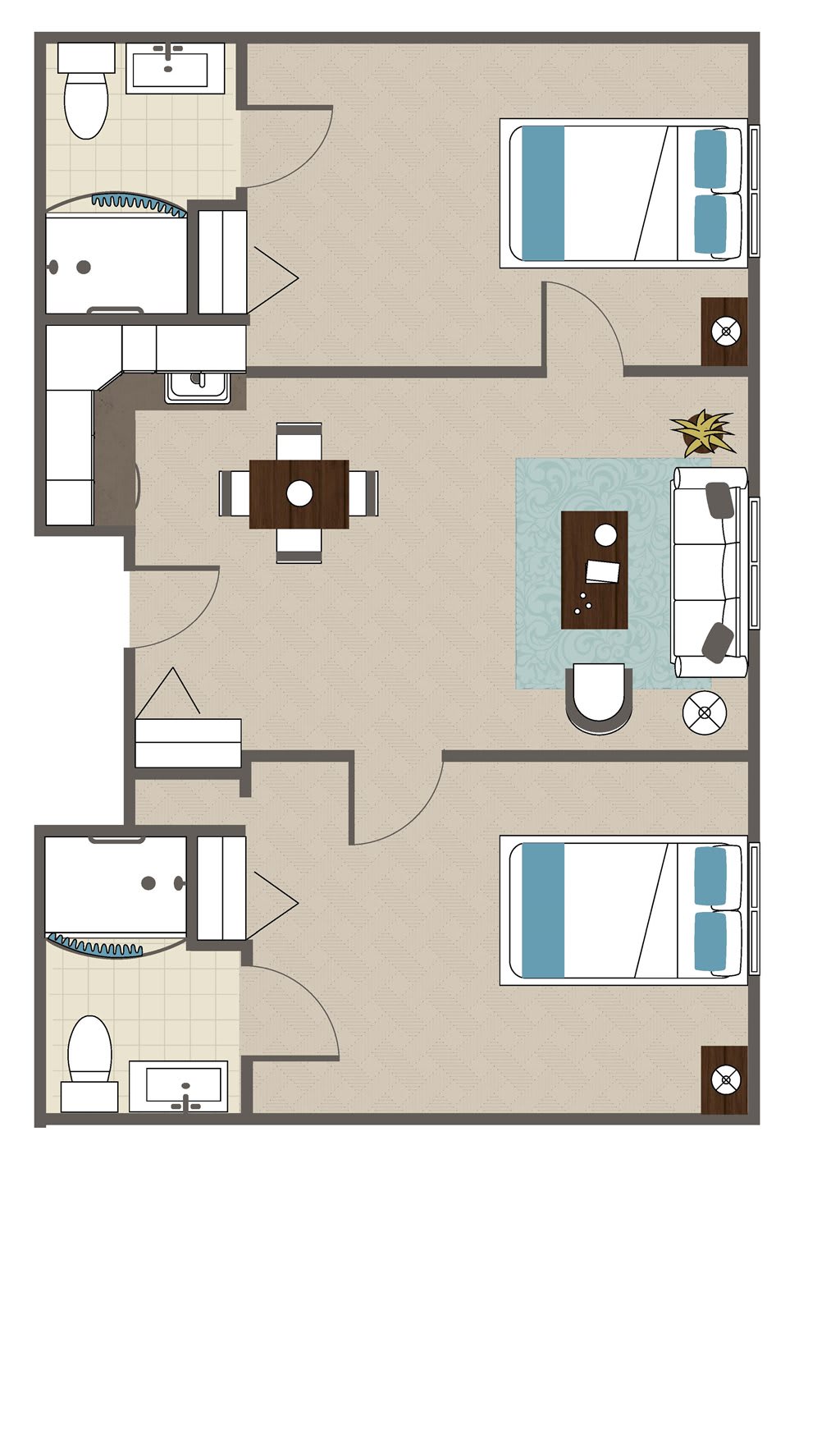 A floor plan of a one-bedroom apartment featuring a kitchen, living room, and bathroom.