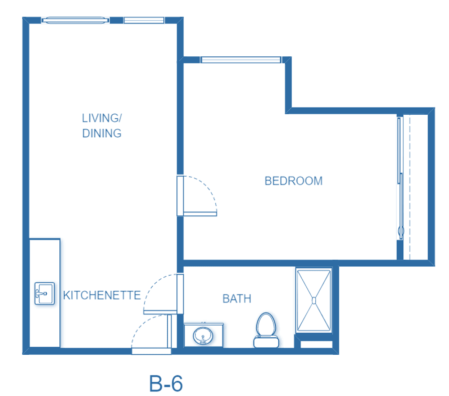 A one-bedroom apartment floor plan featuring a living/dining area, kitchenette, bathroom, and bedroom.