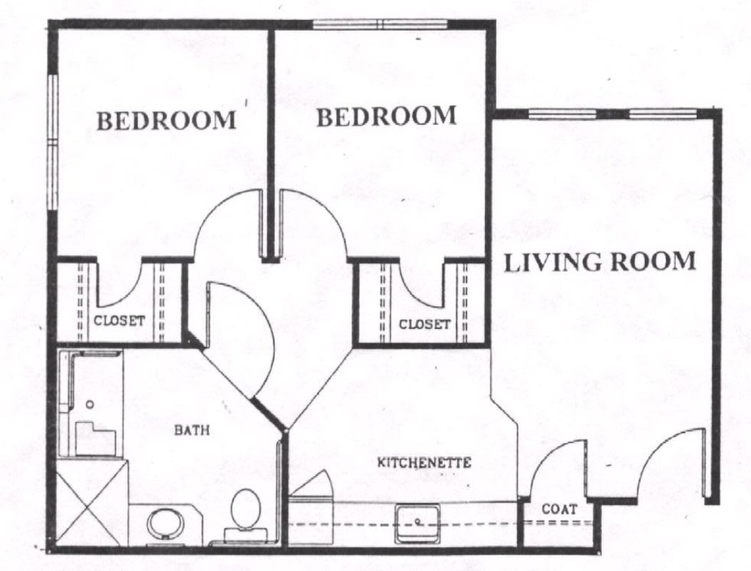 A floor plan of a two-bedroom apartment featuring a living room, bathroom, and closets.
