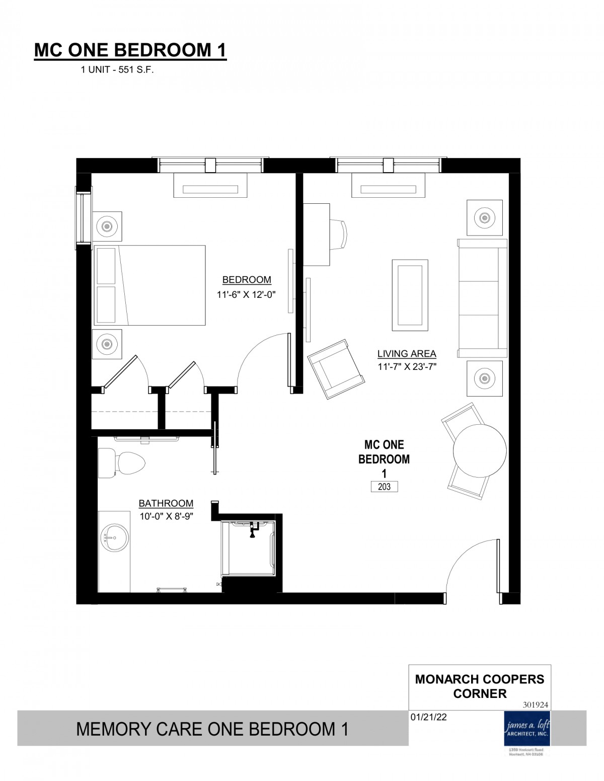 A floor plan of a one-bedroom apartment featuring a living area, kitchen, and bathroom.