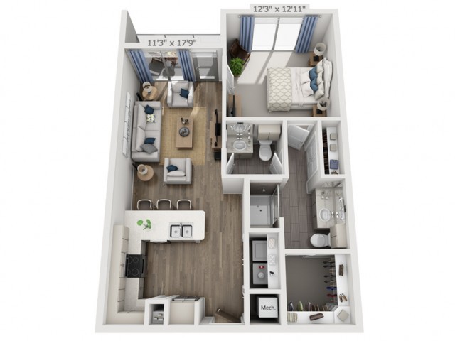 3D floor plan of a one-bedroom apartment featuring a living room, kitchen, bathroom, and bedroom.