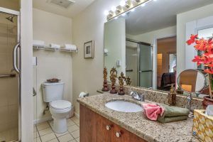A well-lit bathroom with a granite countertop, a large mirror, and decorative elements.