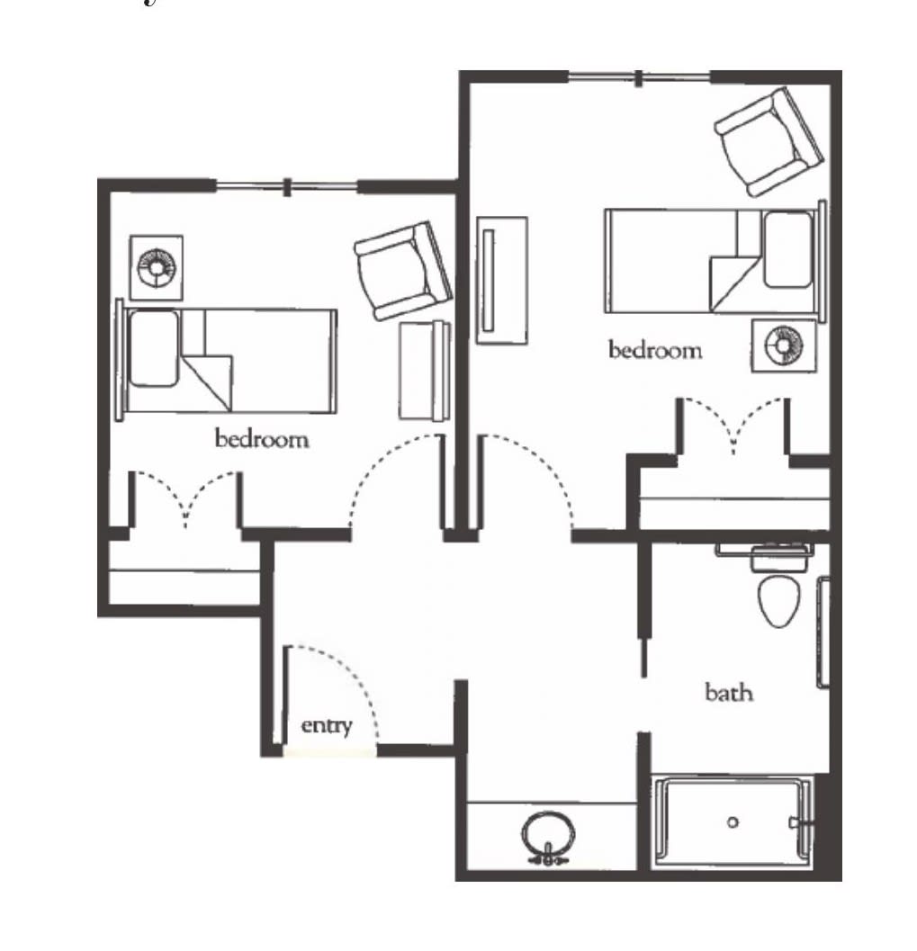 A floor plan of an apartment featuring two bedrooms, a shared bathroom, and an entry area.