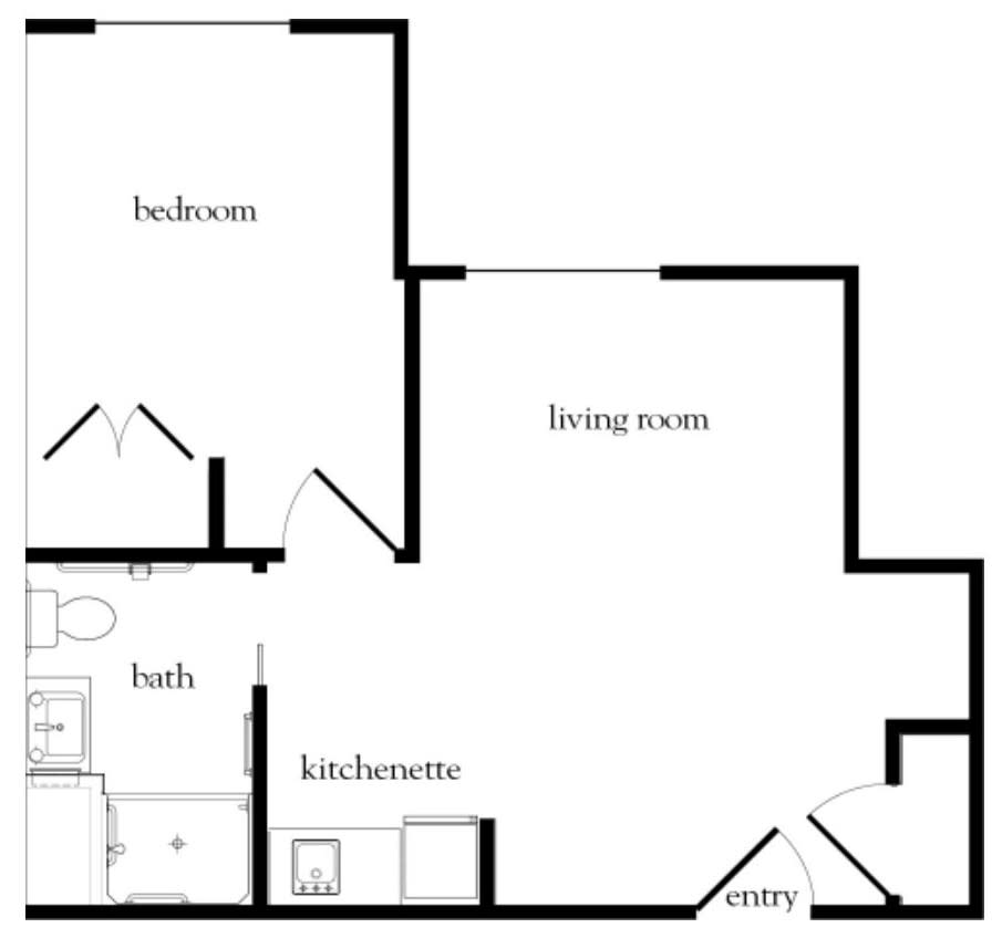 A simple floor plan showing the layout of an apartment with a bedroom, living room, kitchenette, and bathroom.