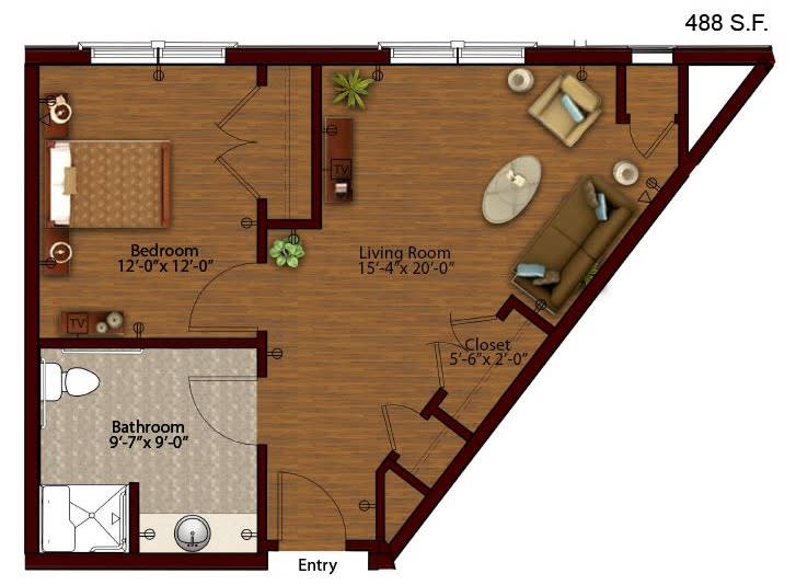 A detailed floor plan showing a living room and bedroom layout.