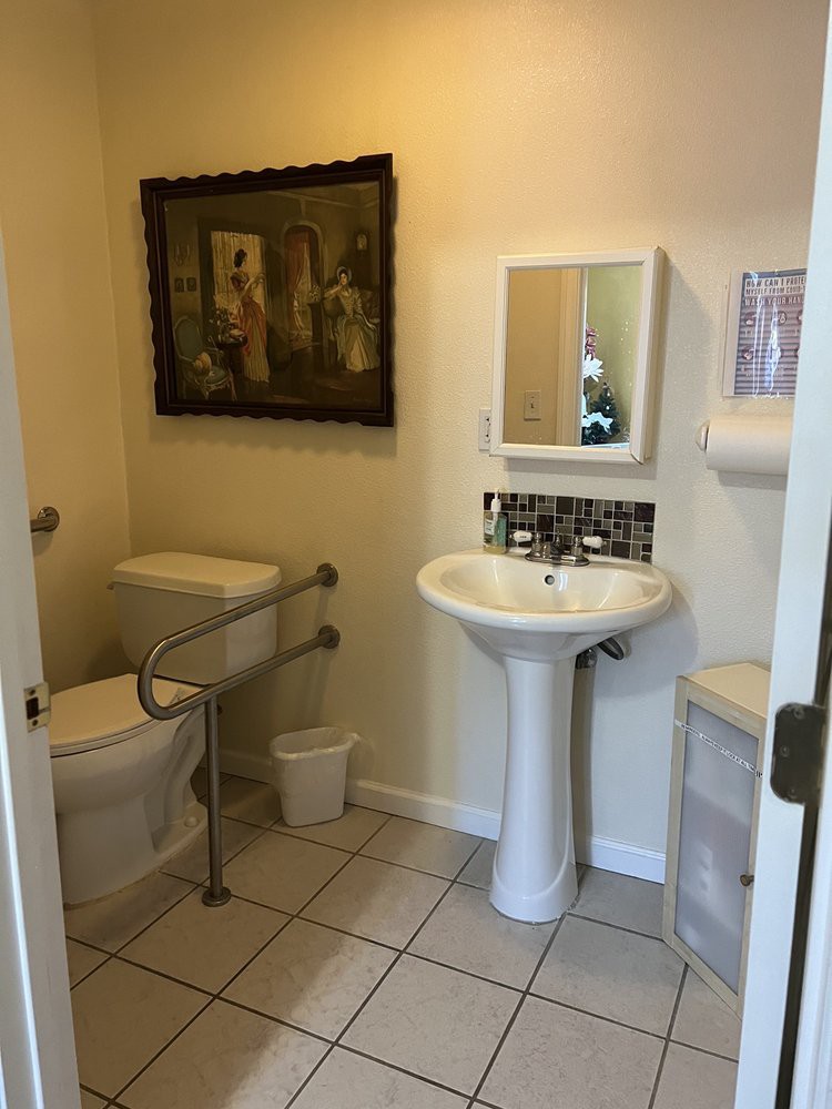 A small bathroom equipped with a toilet, sink, and mirror, featuring handrails and a framed painting.