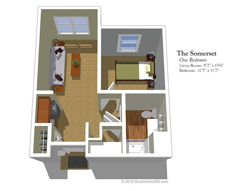3D floor plan of a one-bedroom apartment with designated areas for living, kitchen, and bathroom.