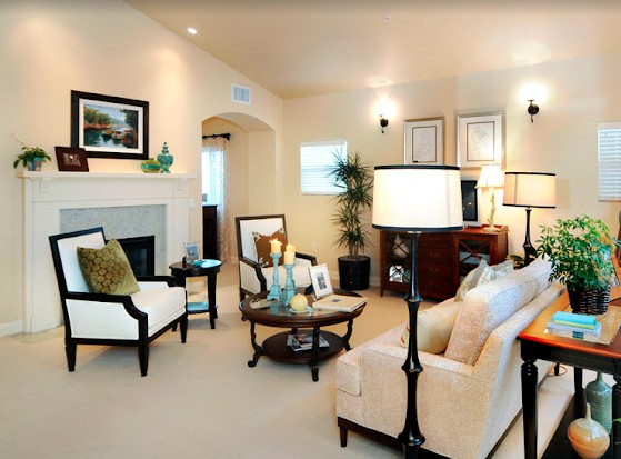 A cozy and modern living room with elegant furniture and warm lighting.