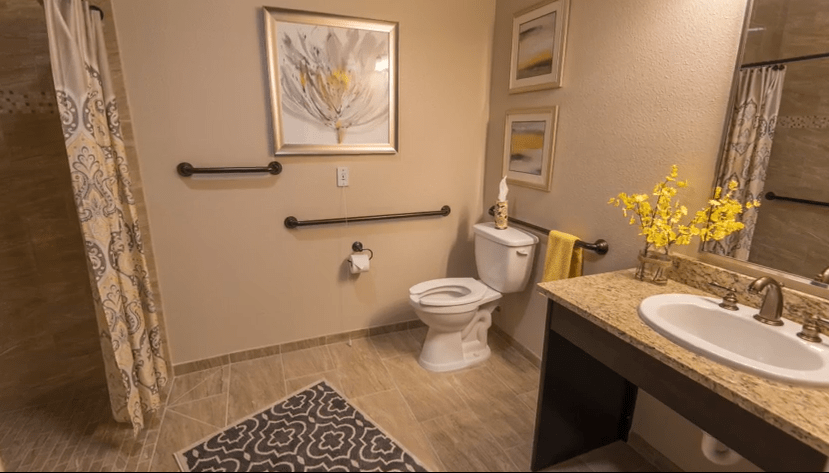 A well-decorated bathroom featuring grab bars, artwork on the walls, and decorative towels.