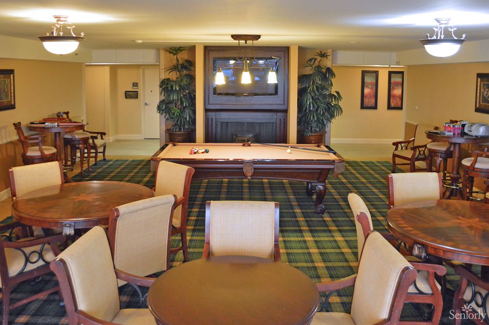A cozy lounge area featuring a pool table and comfortable seating.