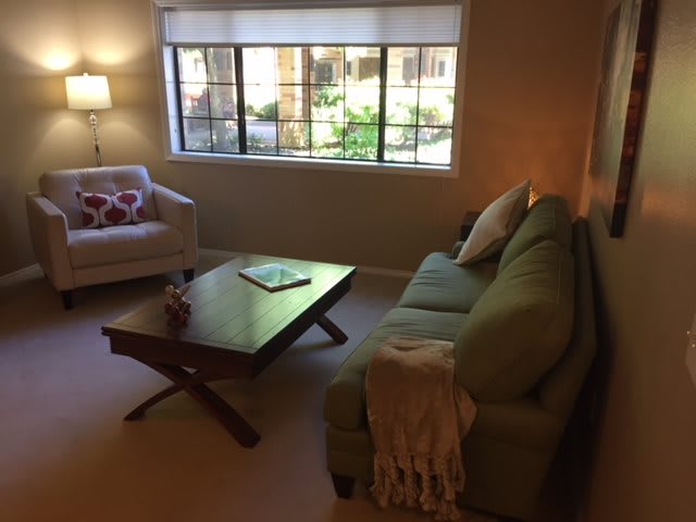 A cozy living room with a sofa, armchair, and coffee table near a large window.