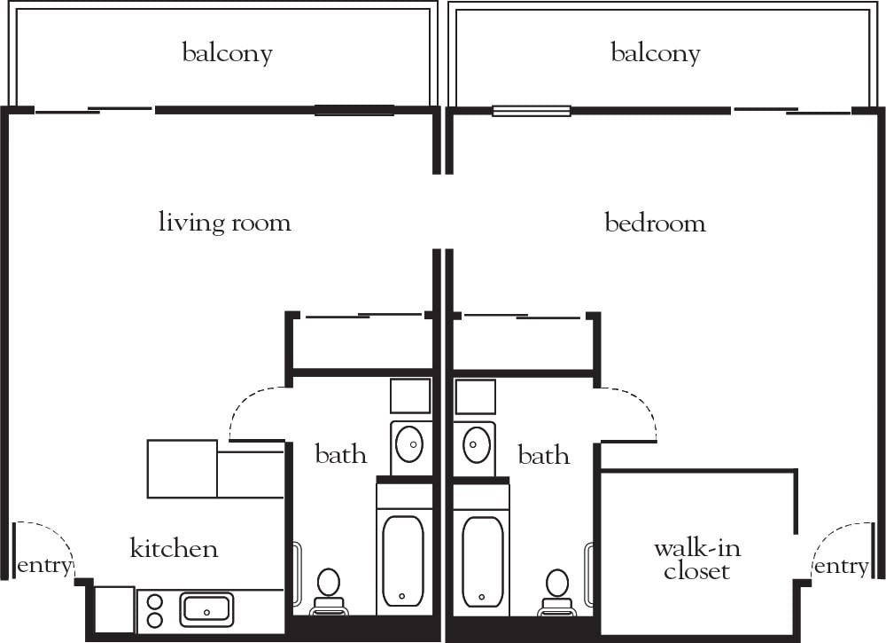 Apartment floor plan showing separate living and bedroom areas with balconies, a kitchen, bathrooms, and a walk-in closet.