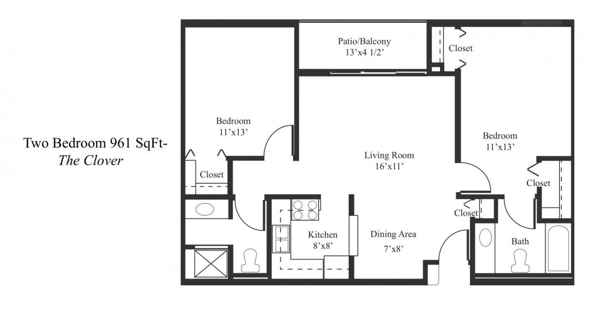 A floor plan of a one-bedroom apartment featuring a living room, dining area, kitchen, bathroom, and patio balcony.
