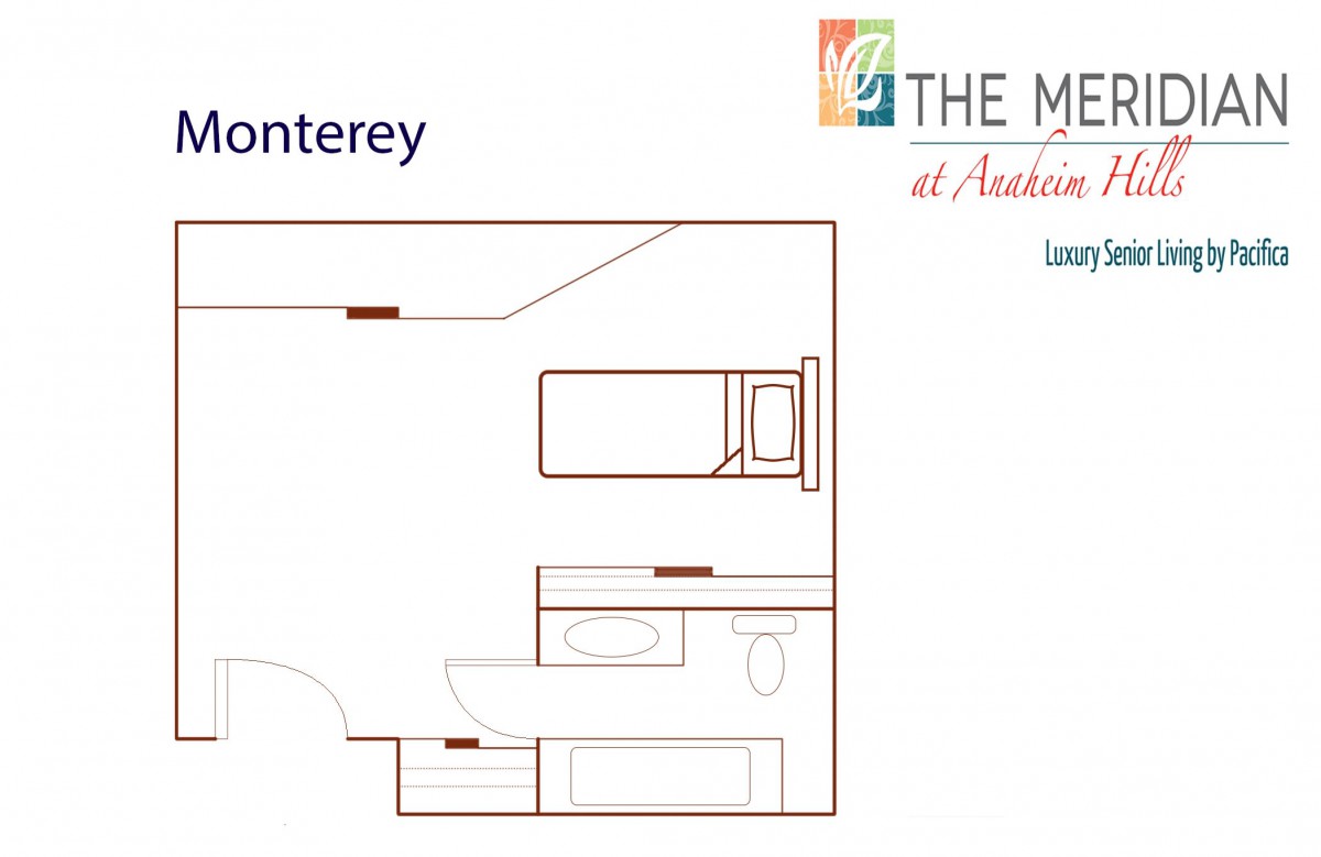 Floor plan for the Monterey room at 'The Meadows' featuring a single bed, desk, and bathroom.