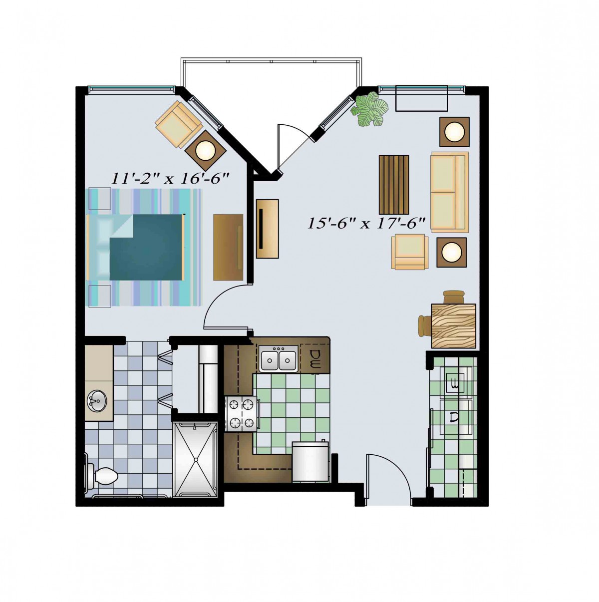 A floor plan of a one-bedroom apartment featuring a living room, kitchen, and bathroom.