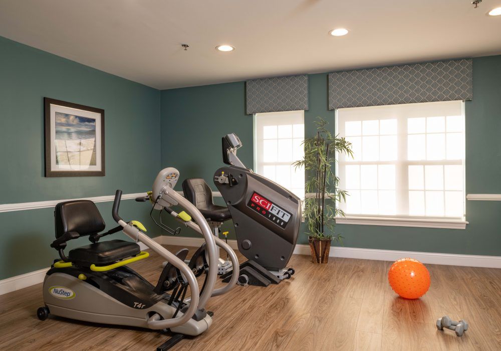 A home exercise room with a recumbent bike and bright windows.