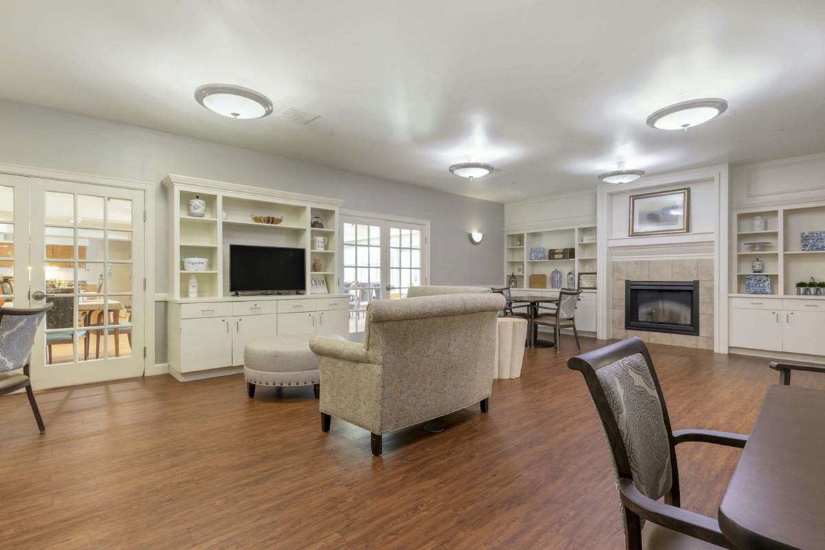 A spacious and well-lit living room featuring elegant furnishings, a television, bookshelves, and a fireplace.
